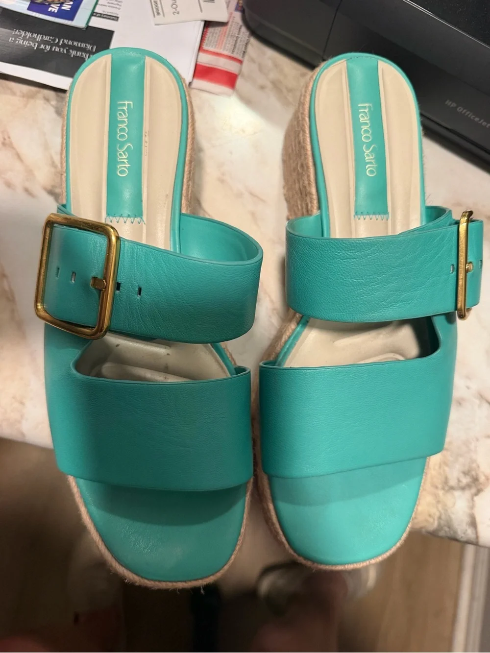 Franco Sarto Turquoise Espadrille Slide Sandals with Gold Buckle